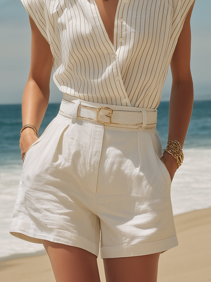 Coastal Chic Camel And White Striped Sleeveless Shirt And Shorts Set