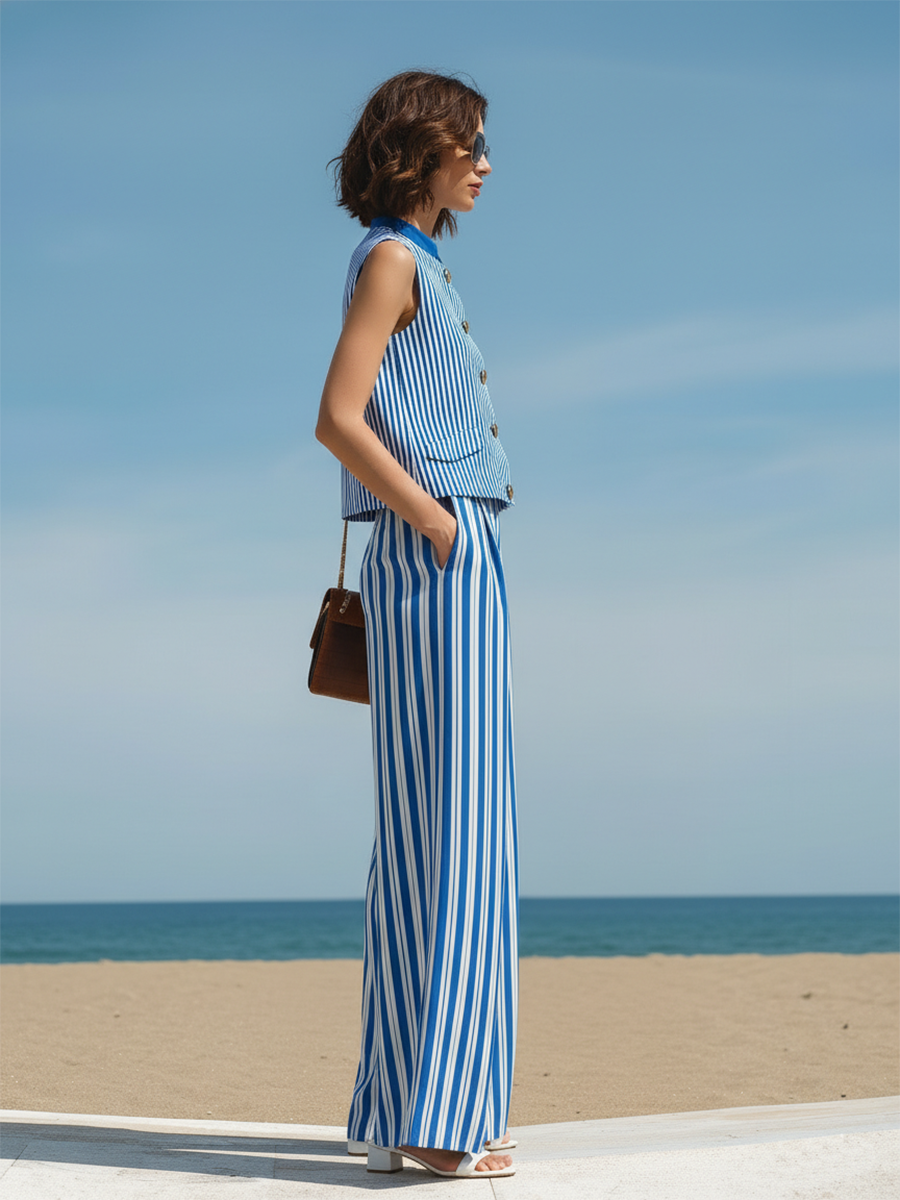 Resort-style Blue Striped Sleeveless Top And Trousers Set