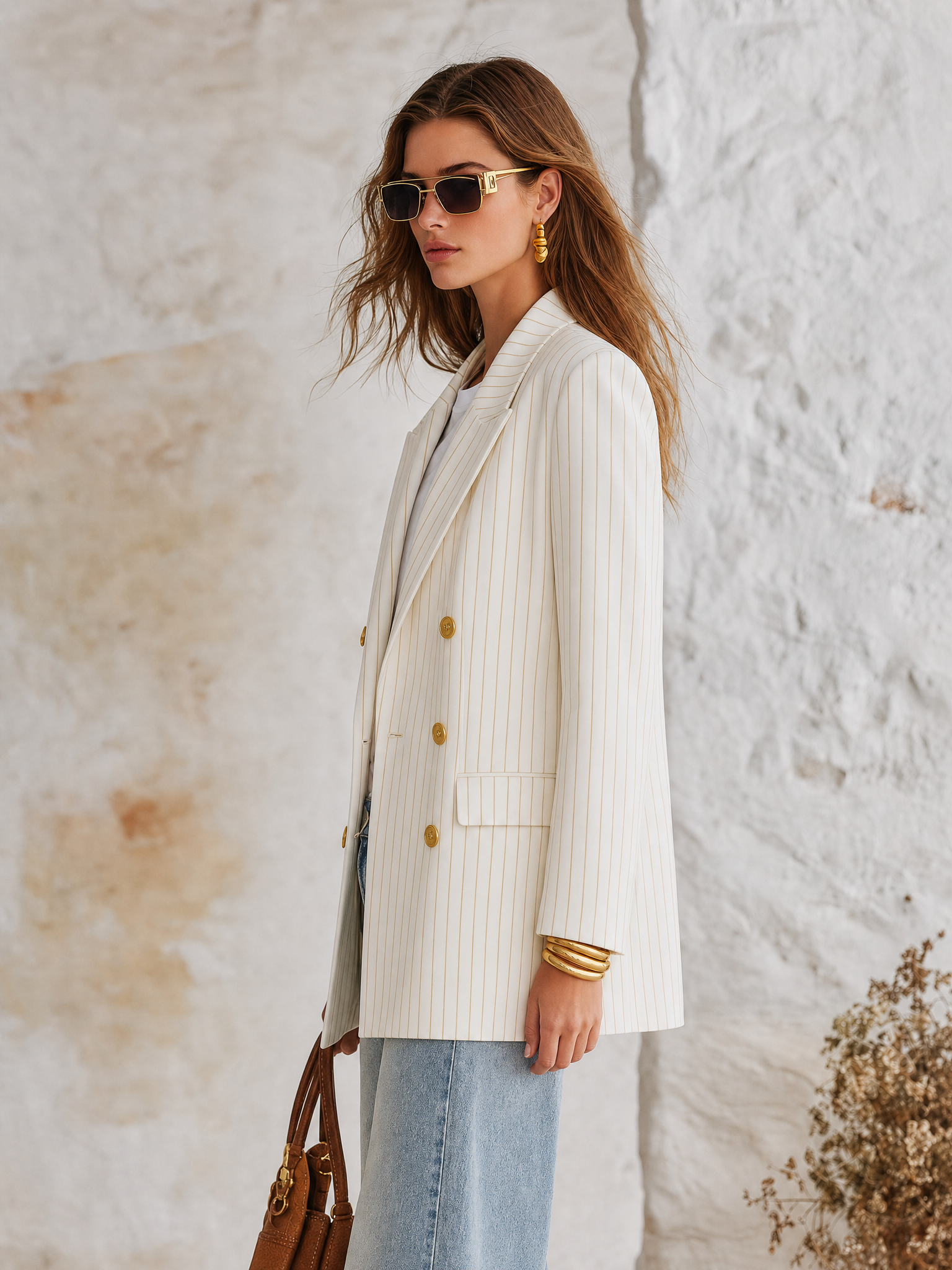 Resort-style Striped Long-sleeved Lapel Blazer
