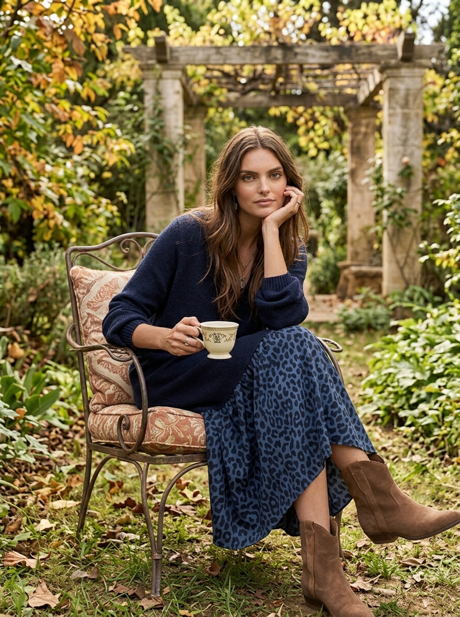 Boho Resort Navy V Neck Knit Leopard Print Patchwork Tiered Midi Dress