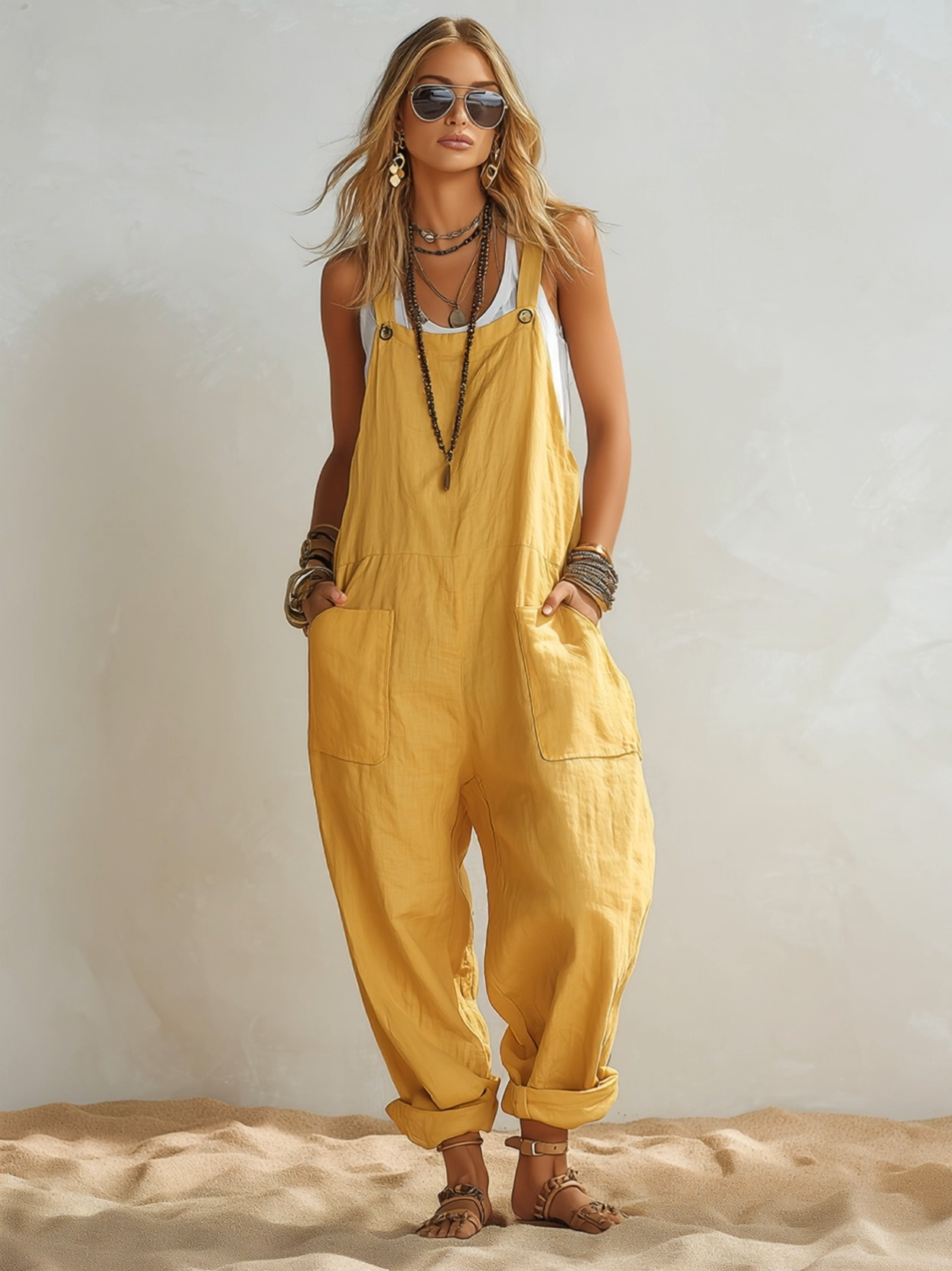 Bohemian Coast Mustard Yellow Cotton Linen Wide-Strap Loose Overalls