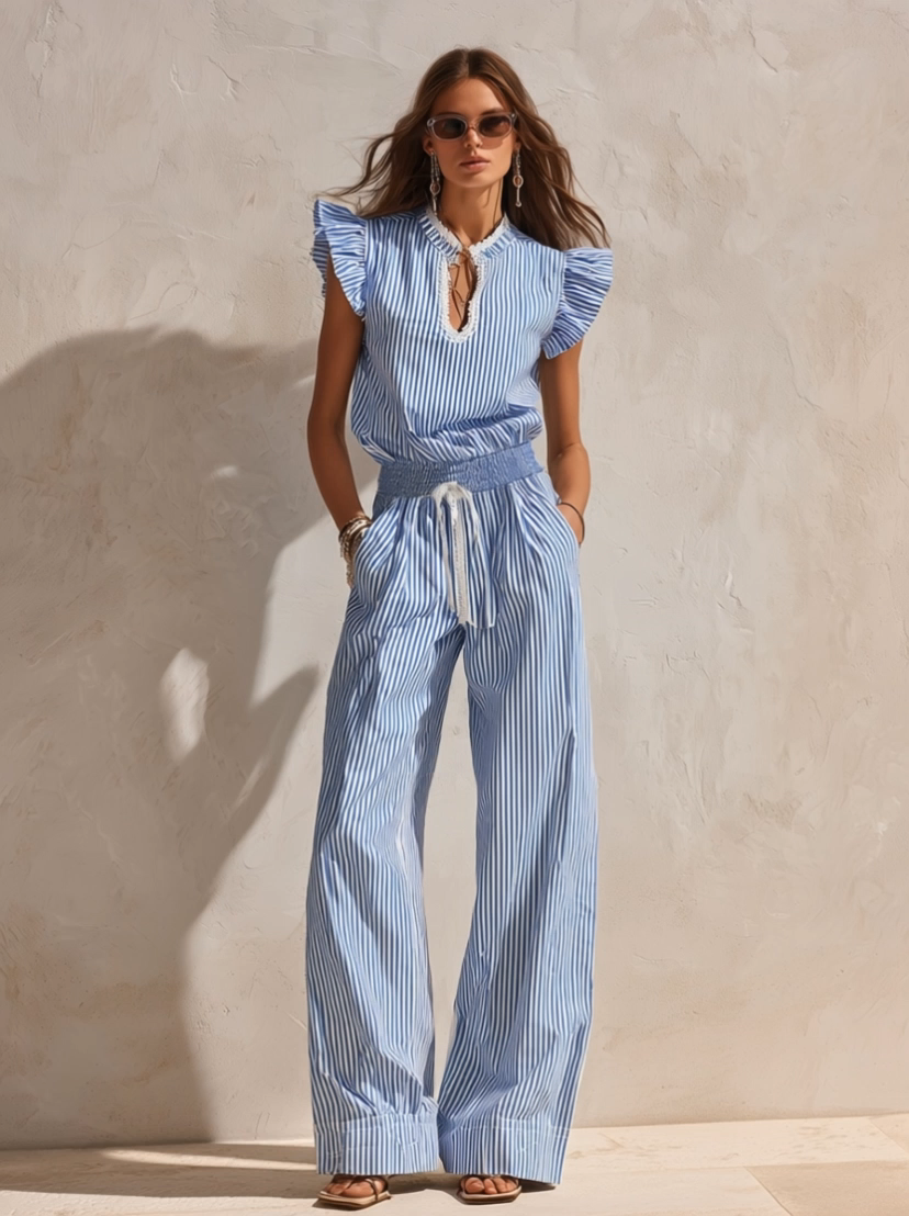 Resort-style Retro Striped Top And Wide-leg Pants Set