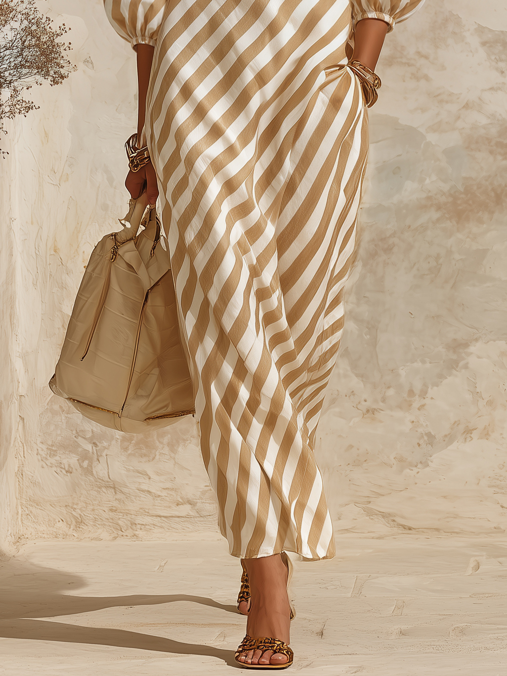 Neutral Resort Woven Beige White Diagonal Stripe Asymmetric Off Shoulder Puff Sleeve Maxi Dress