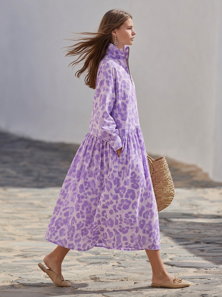 Soft Pastel Resort Crinkled Woven Lavender Leopard Zip Collar Balloon Sleeve Gathered Tiered Midi Dress