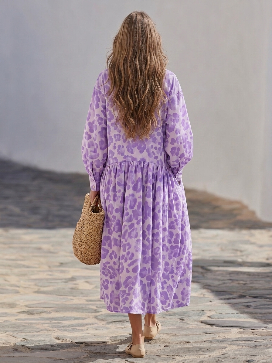 Soft Pastel Resort Crinkled Woven Lavender Leopard Zip Collar Balloon Sleeve Gathered Tiered Midi Dress
