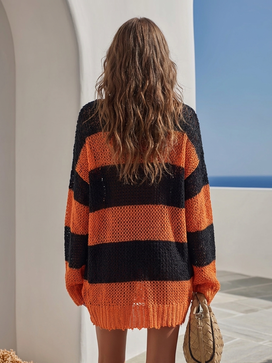 Festive Holiday Vibe Black Orange Stripe Off‑Shoulder Distressed Oversized Knit Tunic Sweater