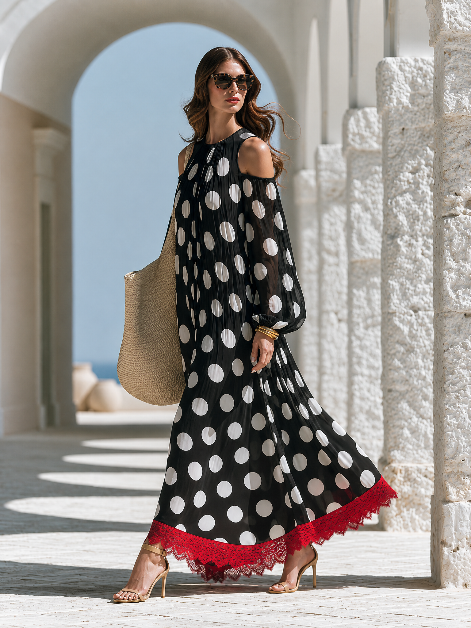 Beach-Style Long-Sleeve Lace Hem Polka-Dot Chiffon Maxi Dress