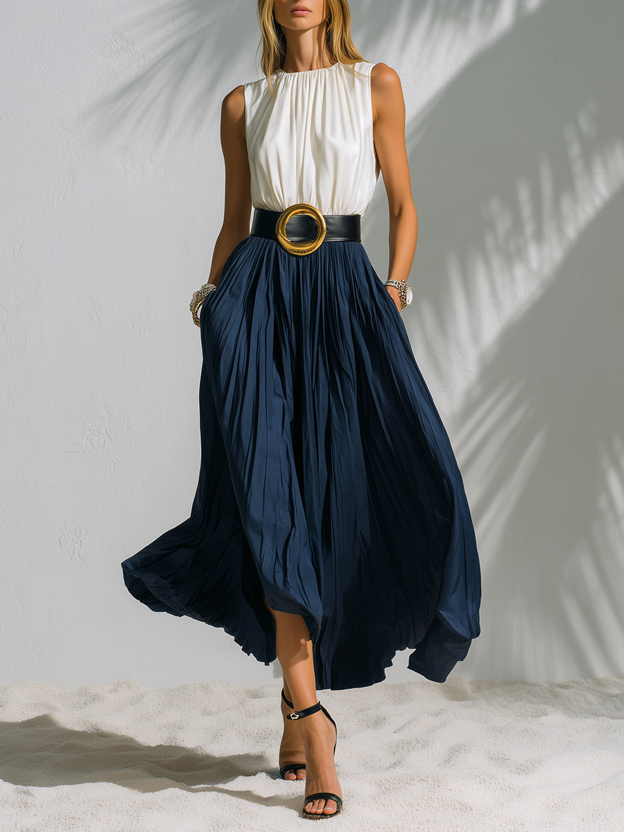 Elegant Vacation-style White Sleeveless Patchwork Navy Blue Pleated Midi Dress