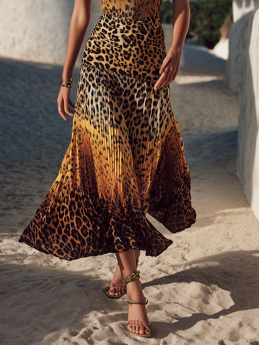 Bohemian Resort Leopard Print Off-Shoulder Midi Dress