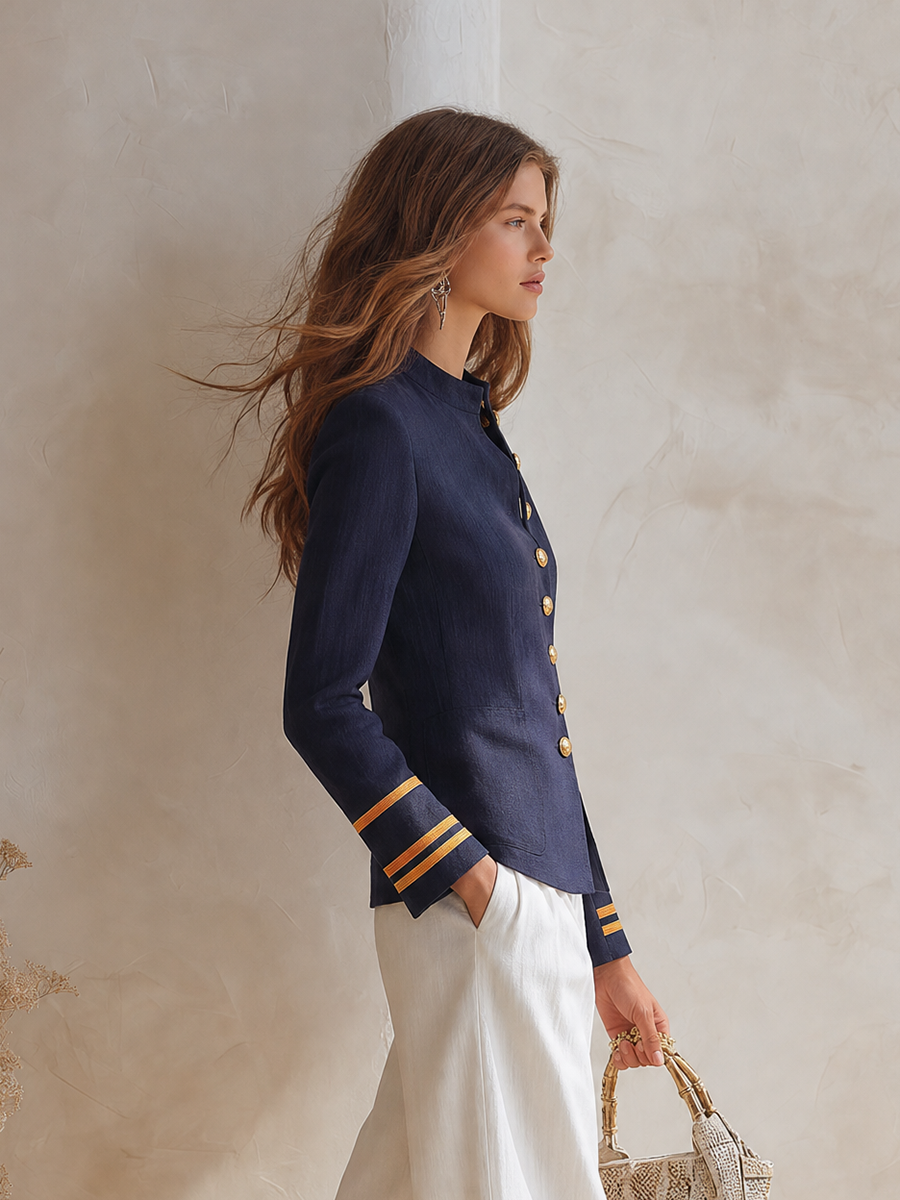 Resort-style Stand-up Collar Button-down Long-sleeved Color-blocked Jacket