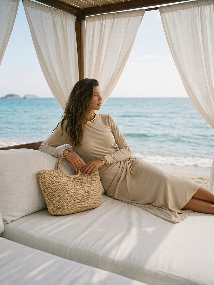 Neutral Coastal Resort Smooth Knit Long Sleeve Crew Neck Top Wrapped Ruched Midi Skirt Set