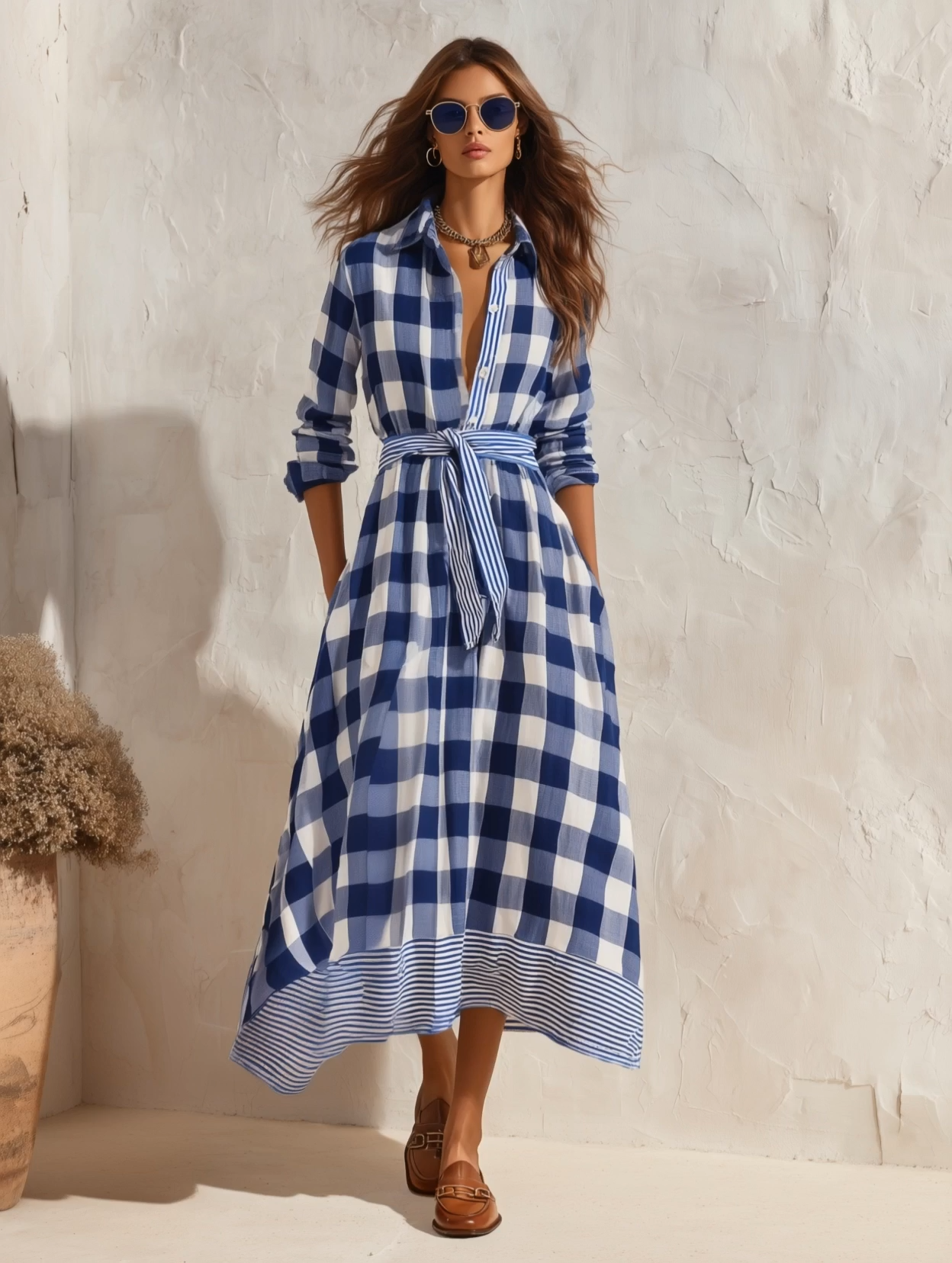 Vacation Casual Retro Striped Patchwork Check Maxi Dress