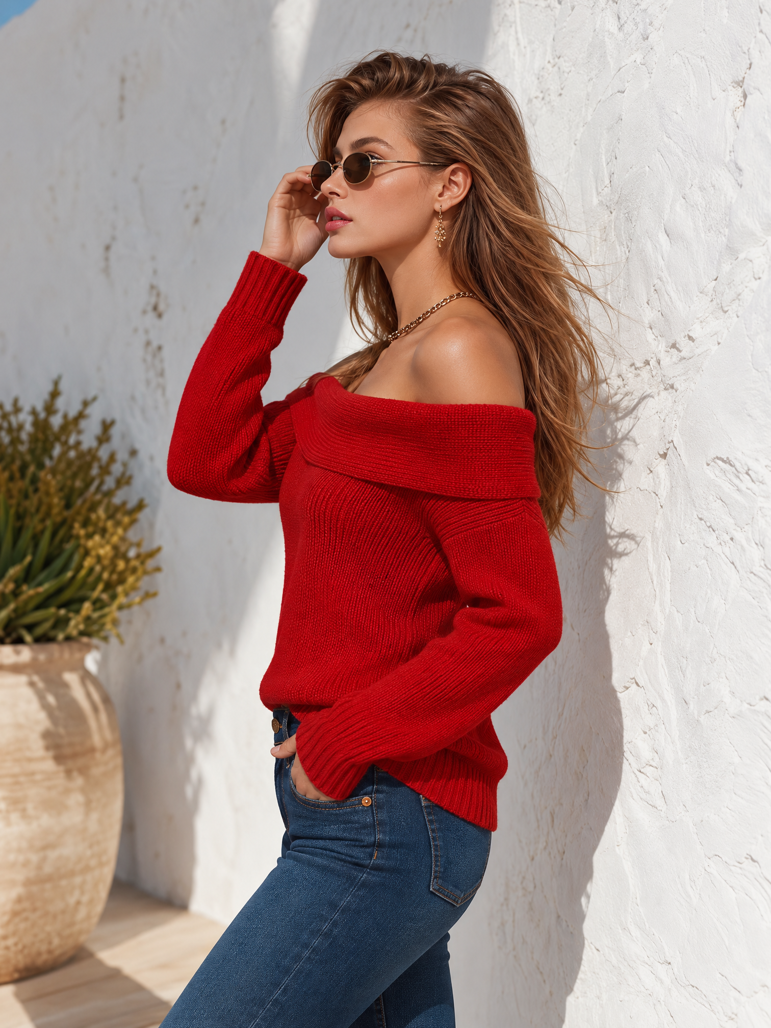 Elegant Resort-style Long-sleeved Off-shoulder Sweater