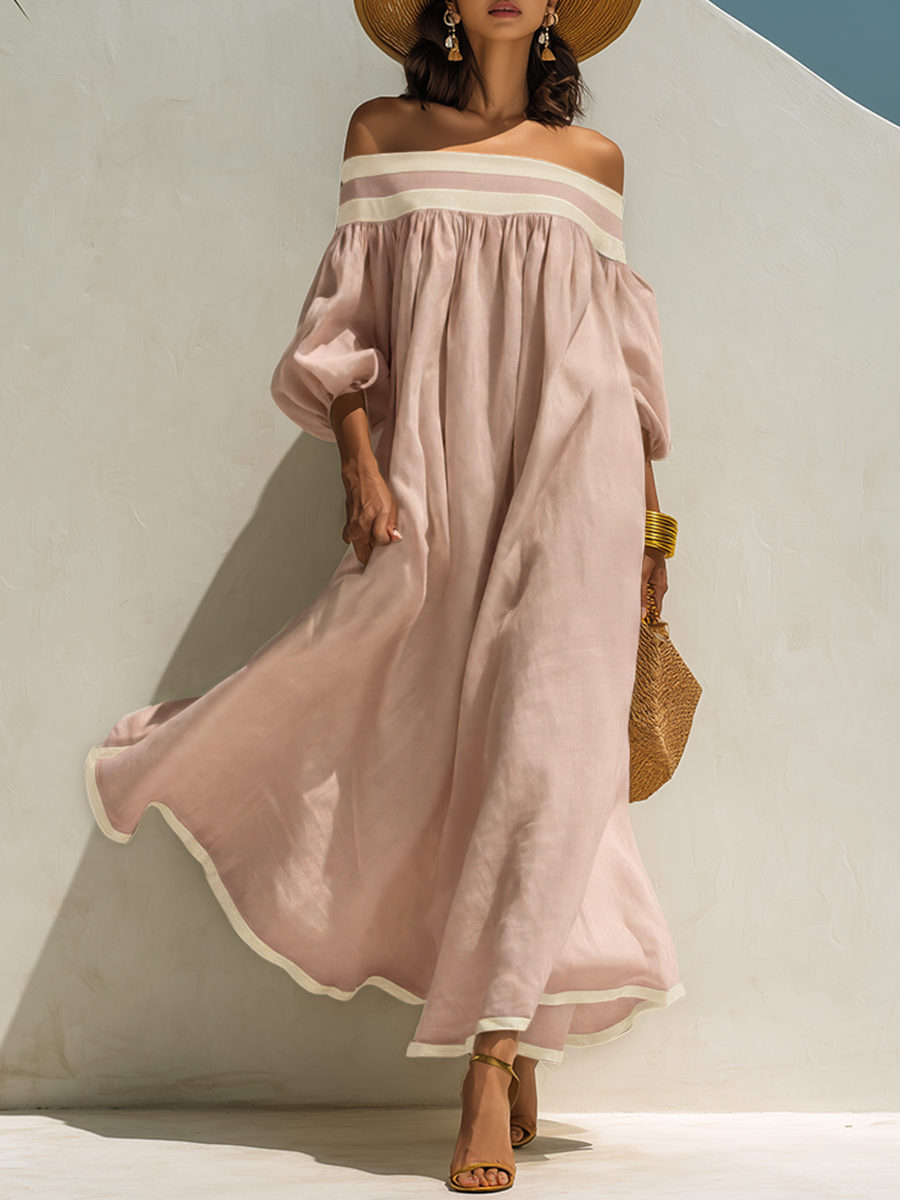 Loose-fitting Color-blocked Off-the-shoulder Beige Cotton-linen Maxi Dress