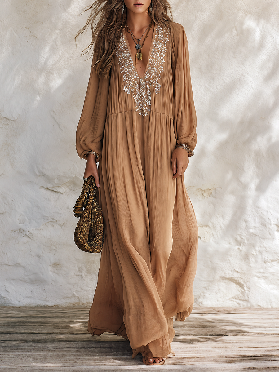 Resort-style V-neck Pleated Embroidered Long-sleeved Chiffon Maxi Dress