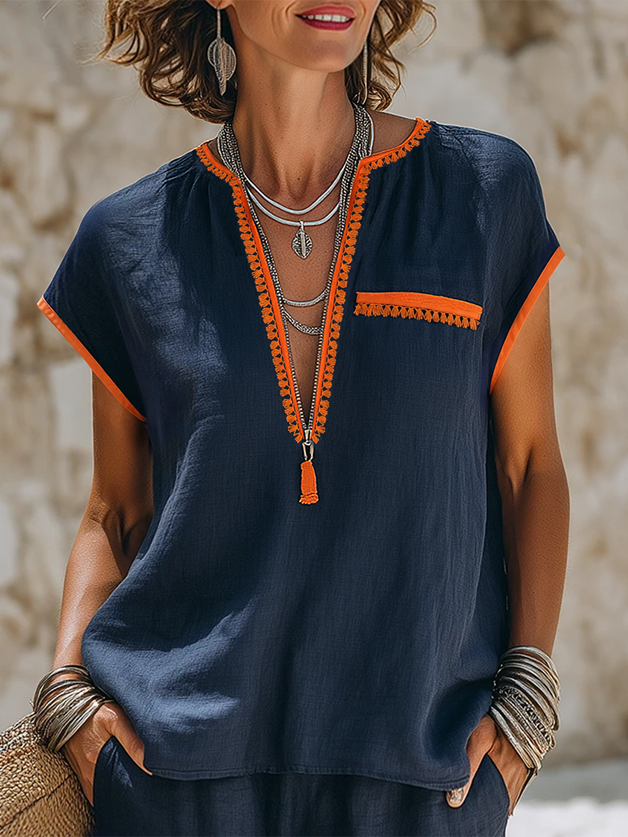 Retro Vacation Short-Sleeve Top And Shorts With Contrast Trim Cotton-Linen Set