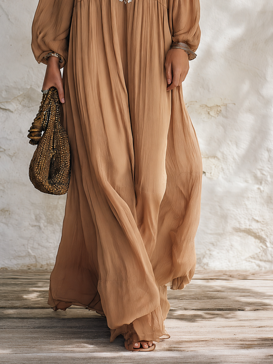 Resort-style V-neck Pleated Embroidered Long-sleeved Chiffon Maxi Dress