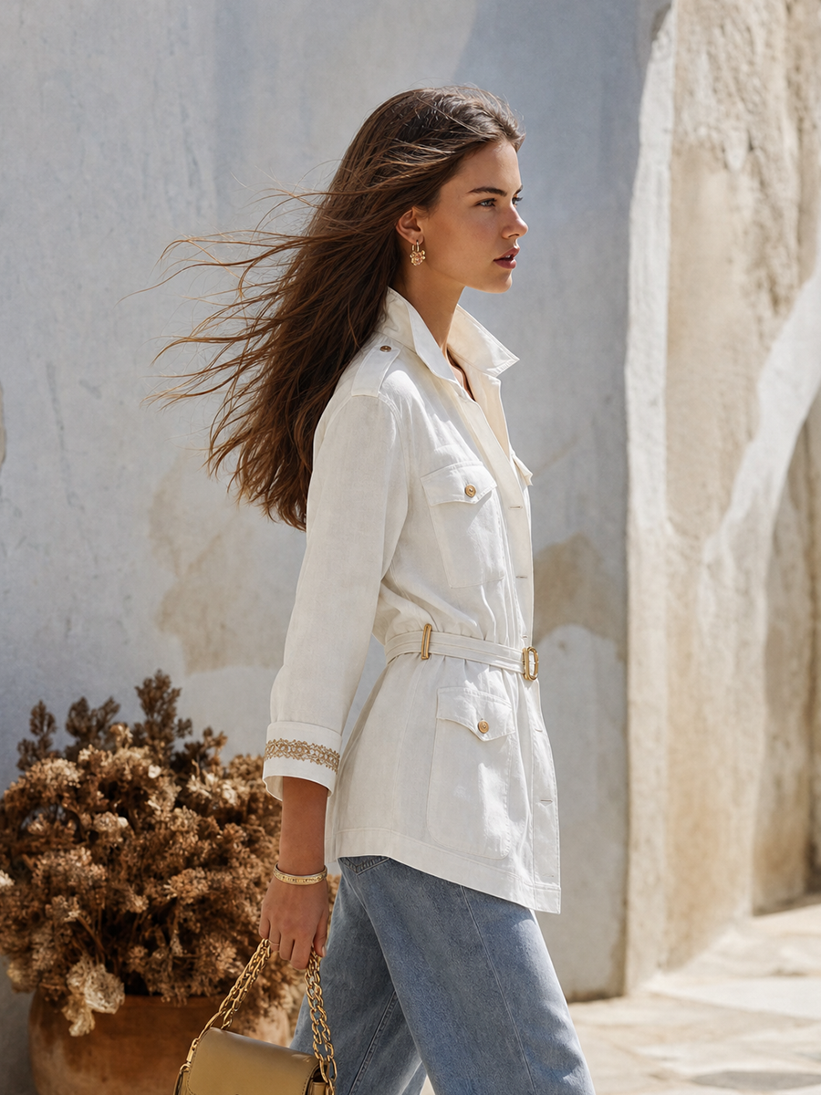 Resort-style Stand-up Collar Long-sleeved Embroidered Pocket Jacket