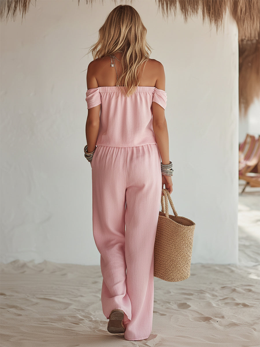 Bohemian Vacation Pink Cotton Linen Off-shoulder Loose Jumpsuit