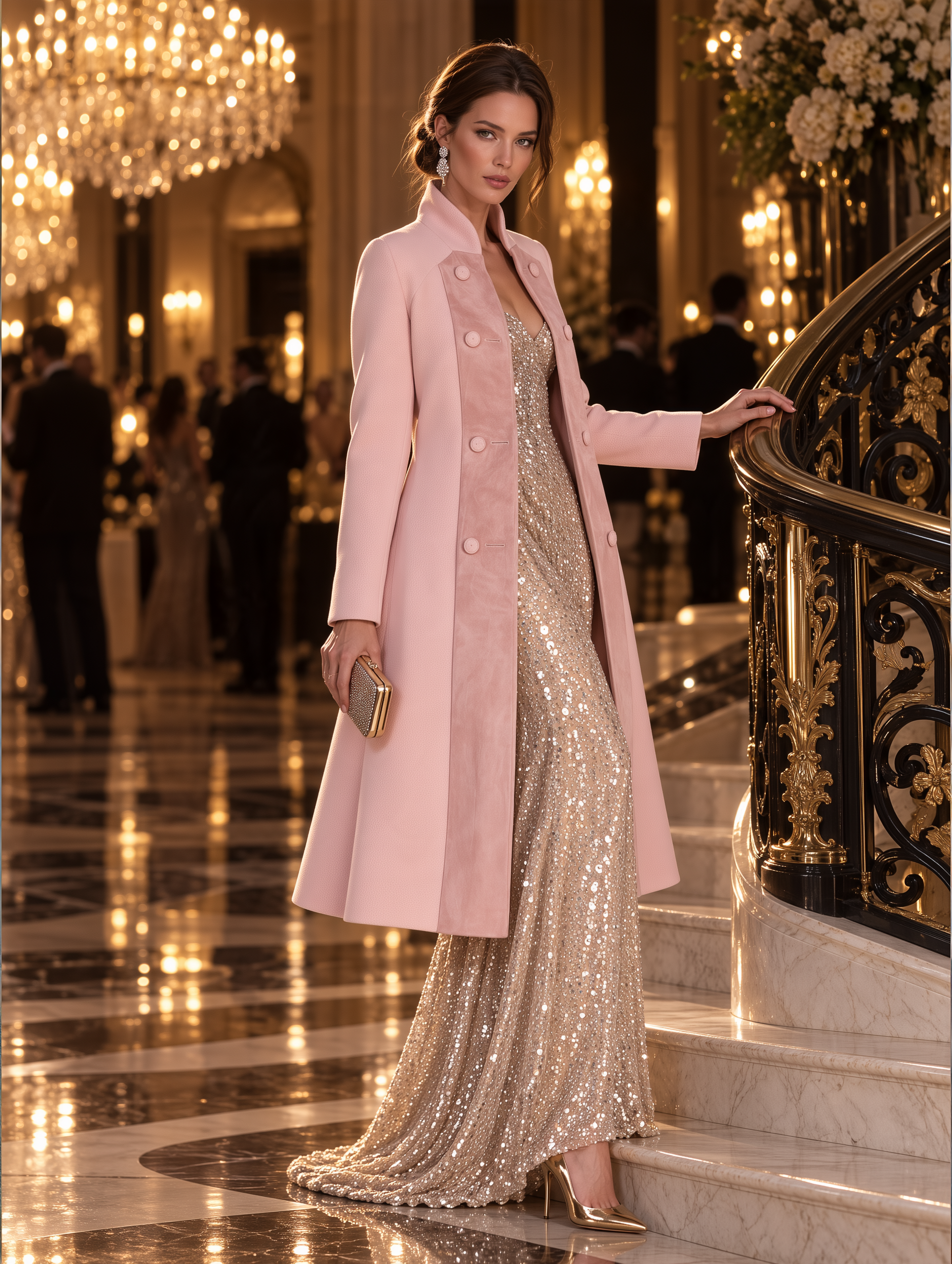 Elegant Stand-collar Suede Patchwork Pink Mid-length Coat