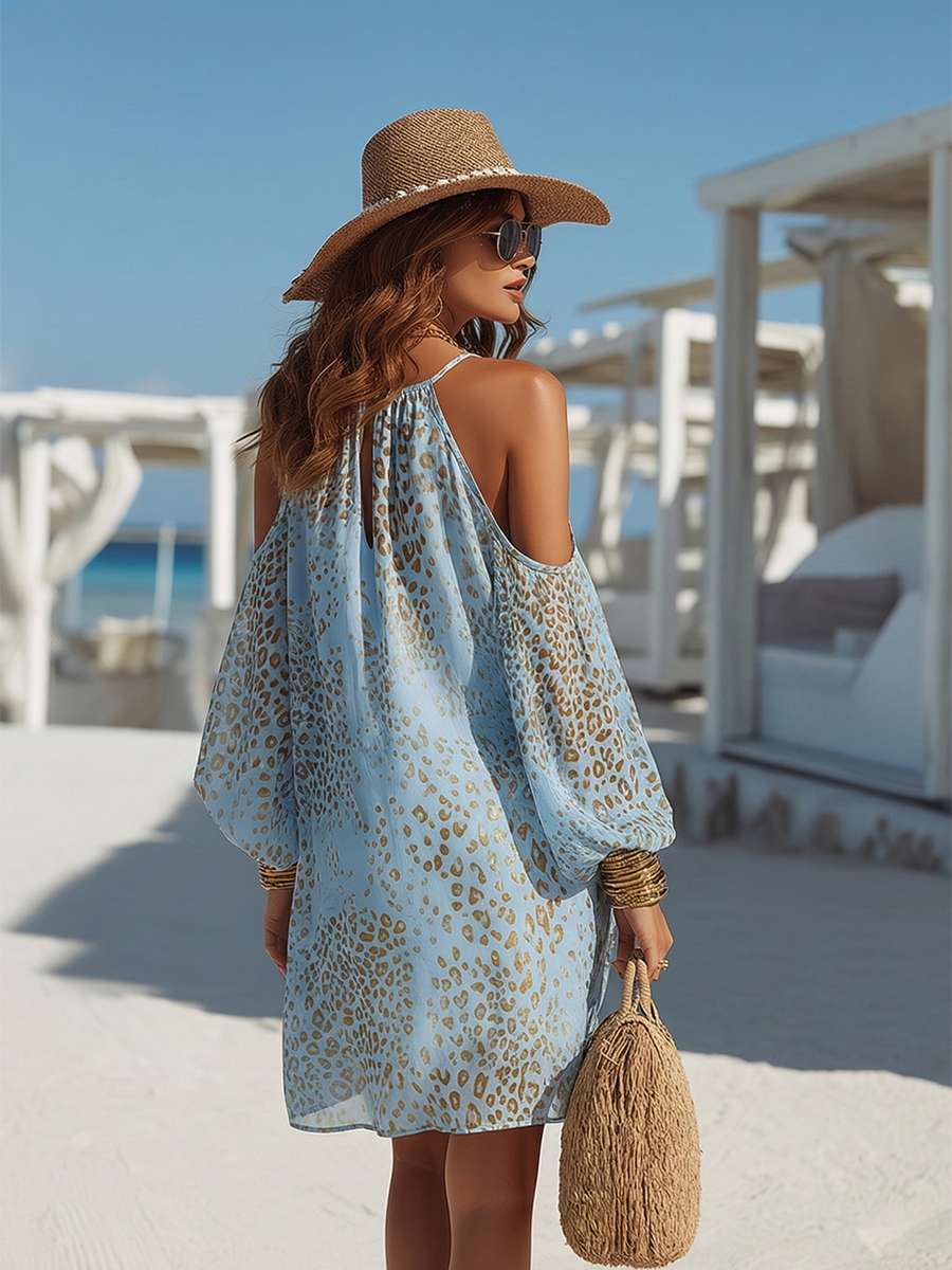 Romantic Bohemian Long-Sleeve Off-Shoulder Leopard Print Blue Chiffon Mini Dress