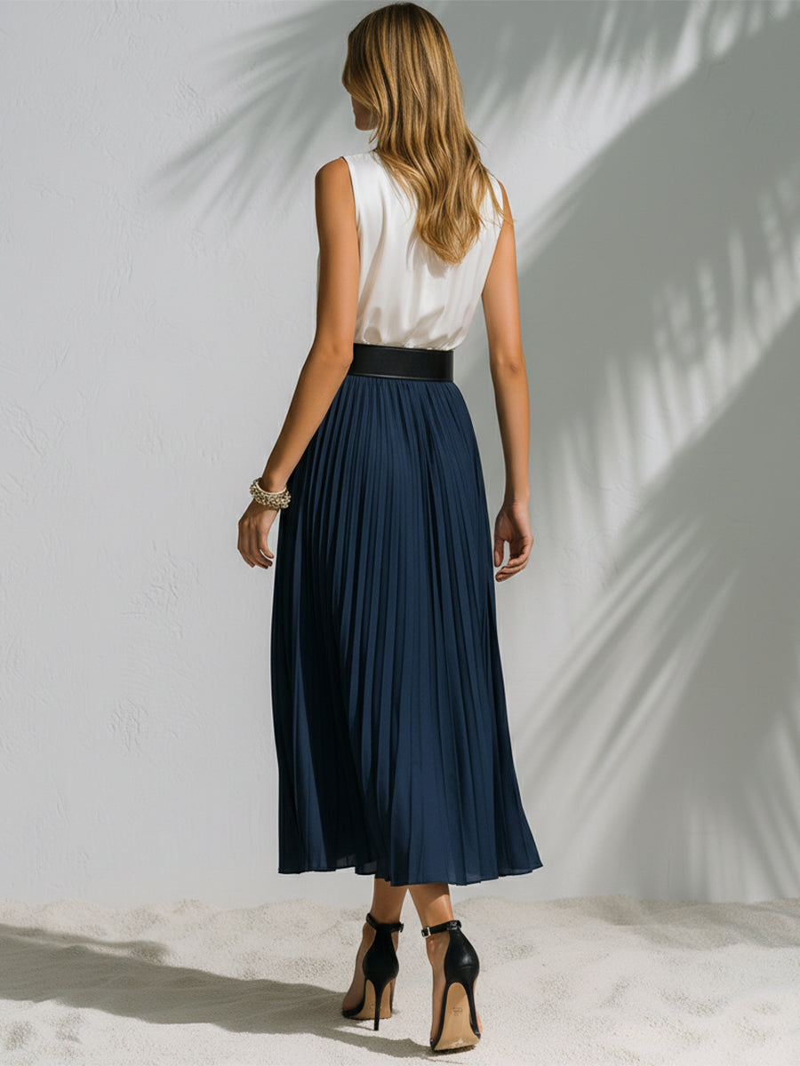 Elegant Vacation-style White Sleeveless Patchwork Navy Blue Pleated Midi Dress