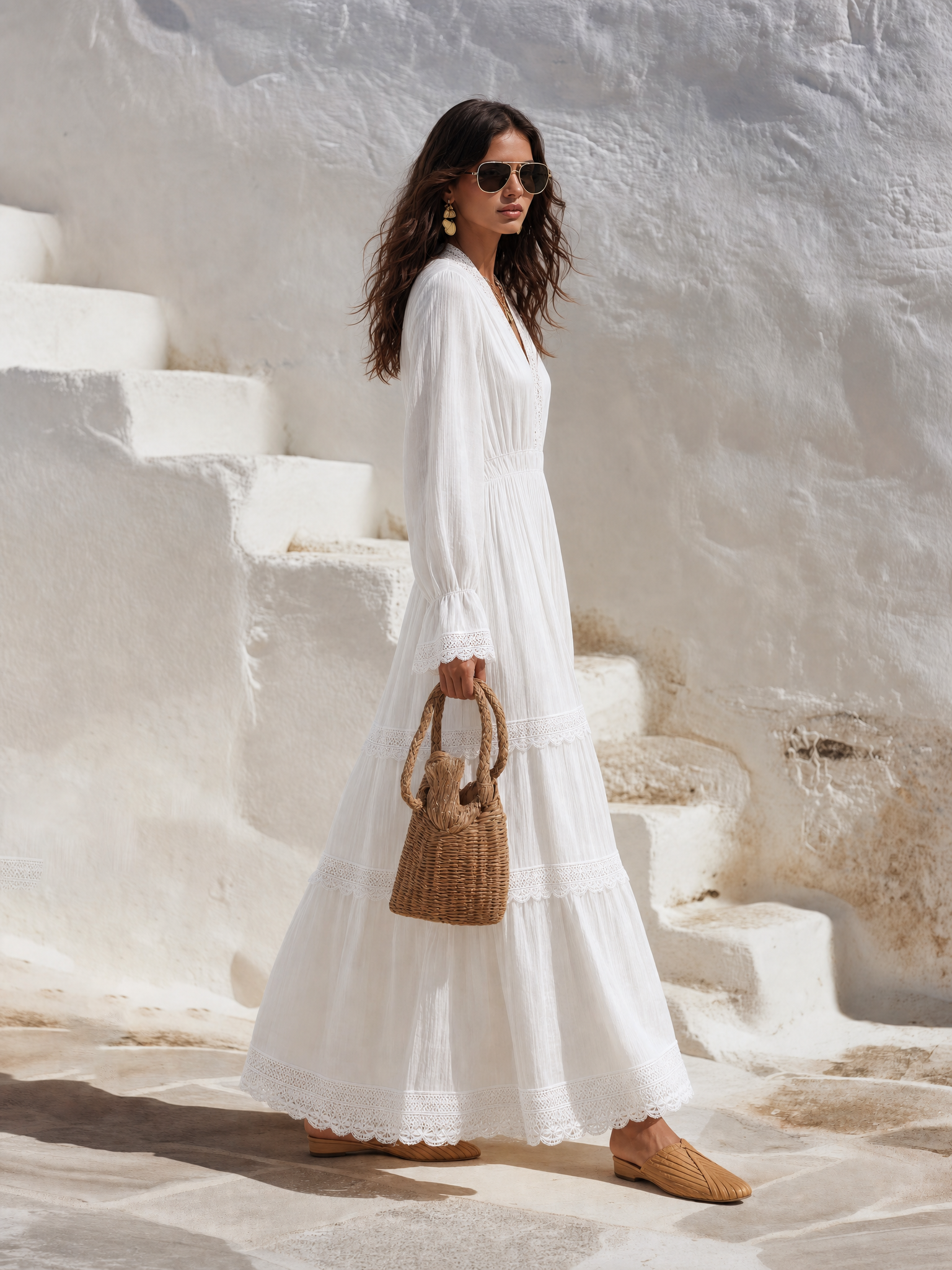 Resort-style Bohemian V-neck Long-sleeved Lace Maxi Dress