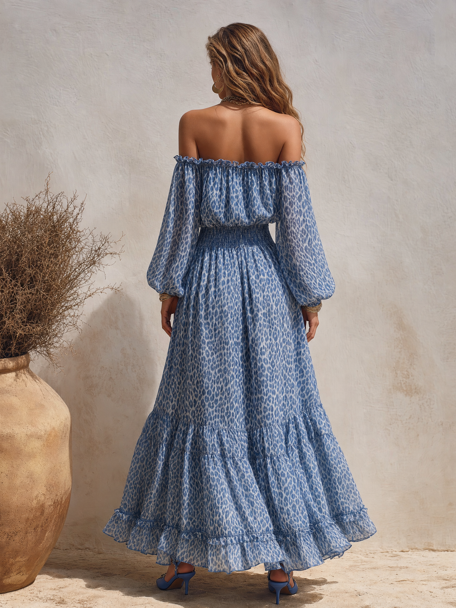 Vacation Elegant Off-the-shoulder Leopard Print Chiffon Maxi Dress