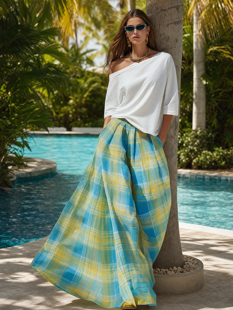 Vacation Casual One-shoulder Pure Cotton T-shirt And Plaid Chiffon Printed Wide-leg Skirt Pants