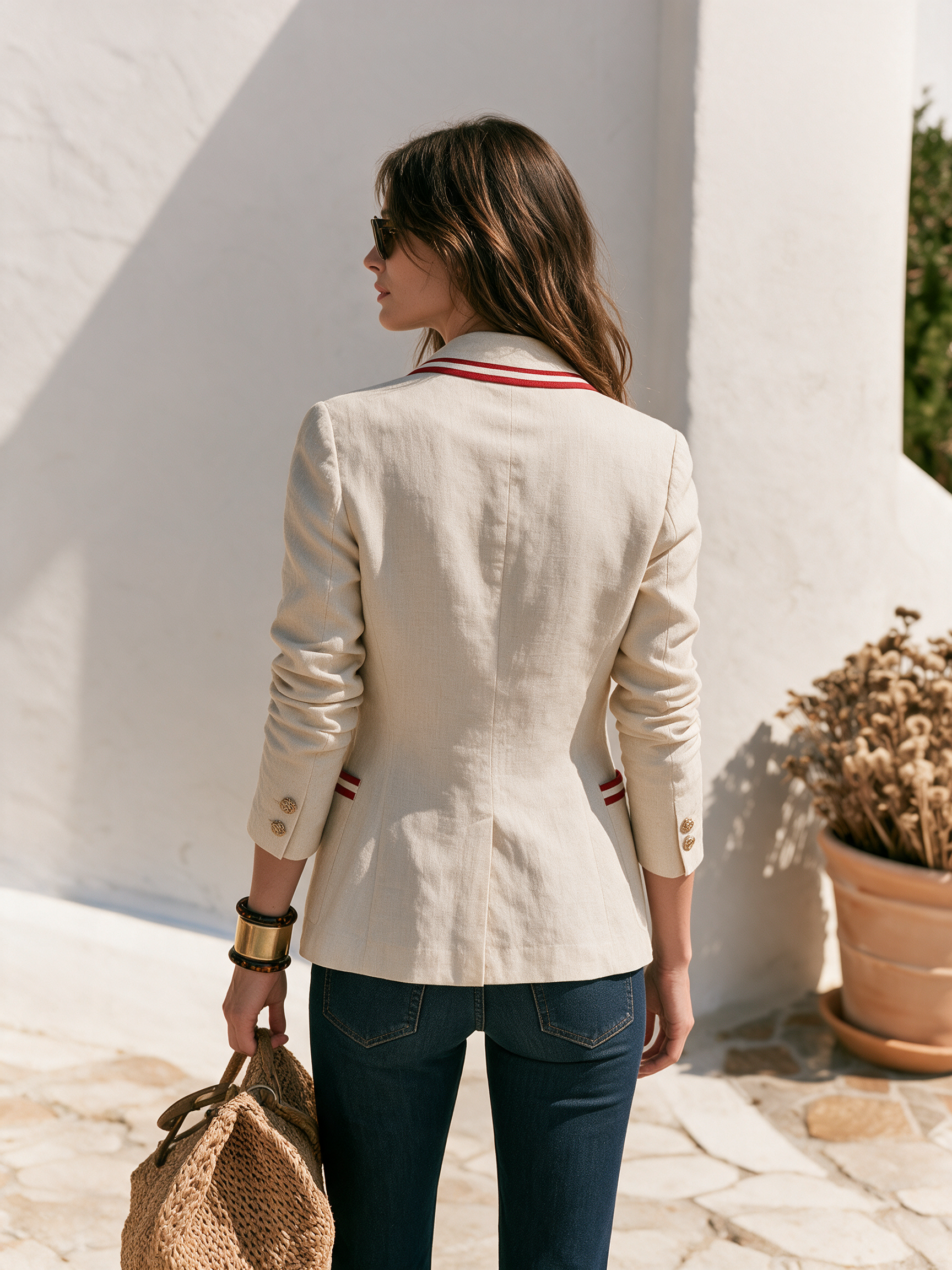 Old Money Contrasting Trim Beige Blazer
