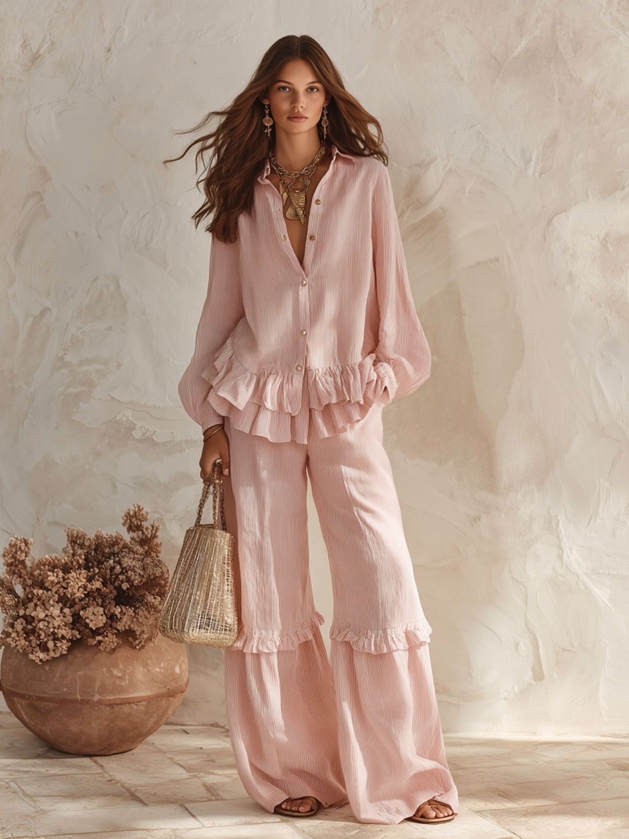 Vacation-style V-neck Ruffled Long-sleeve Top And Trousers Set