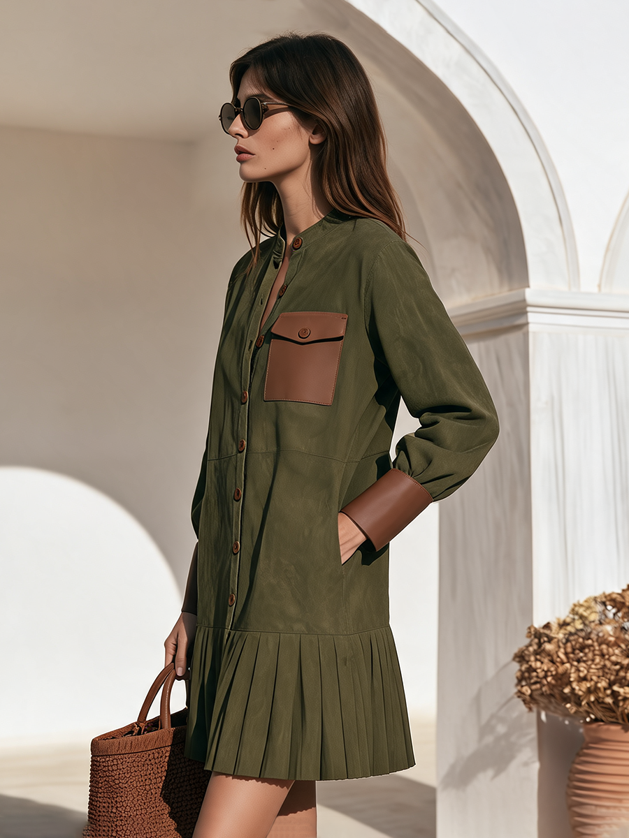 Old Money Crew Neck Color-Block Cuffs And Ruffled Hem Faux Suede Mini Dress