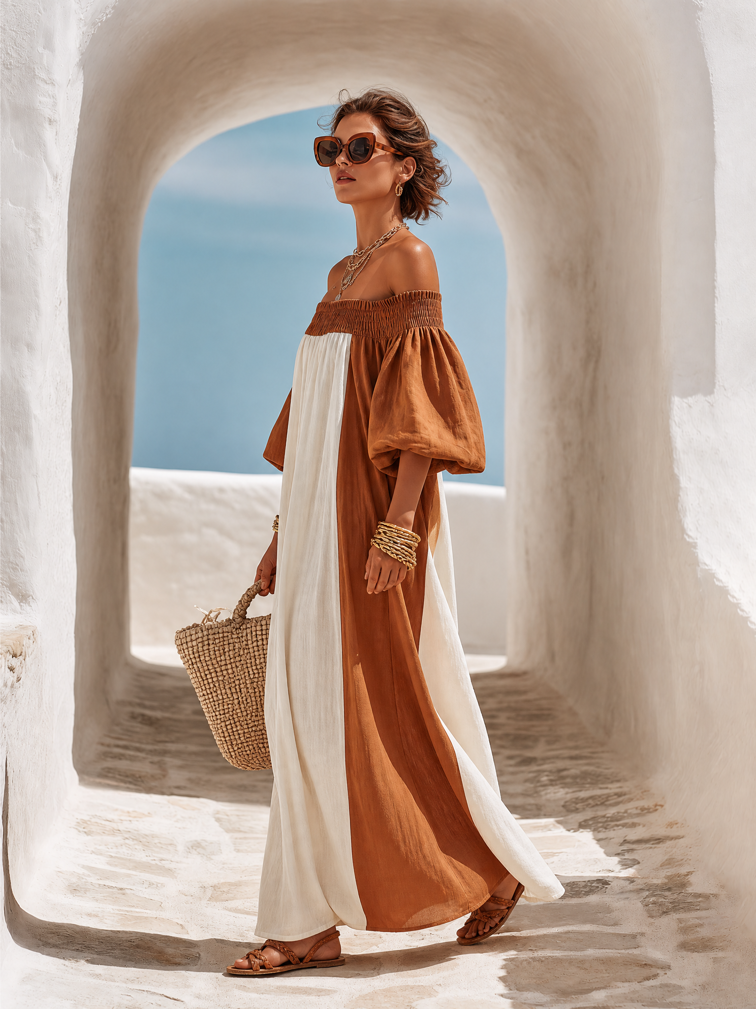 Old Money Off-Shoulder Short-Sleeve Color-Block Cotton-Linen Maxi Dress