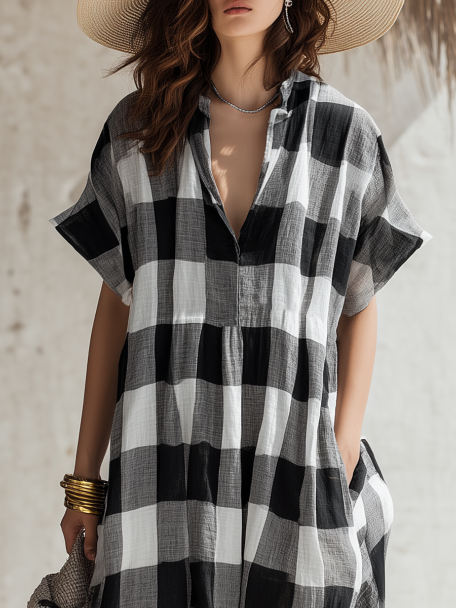 Simple Casual Short-Sleeve Black & White Plaid Cotton-Linen Maxi Dress