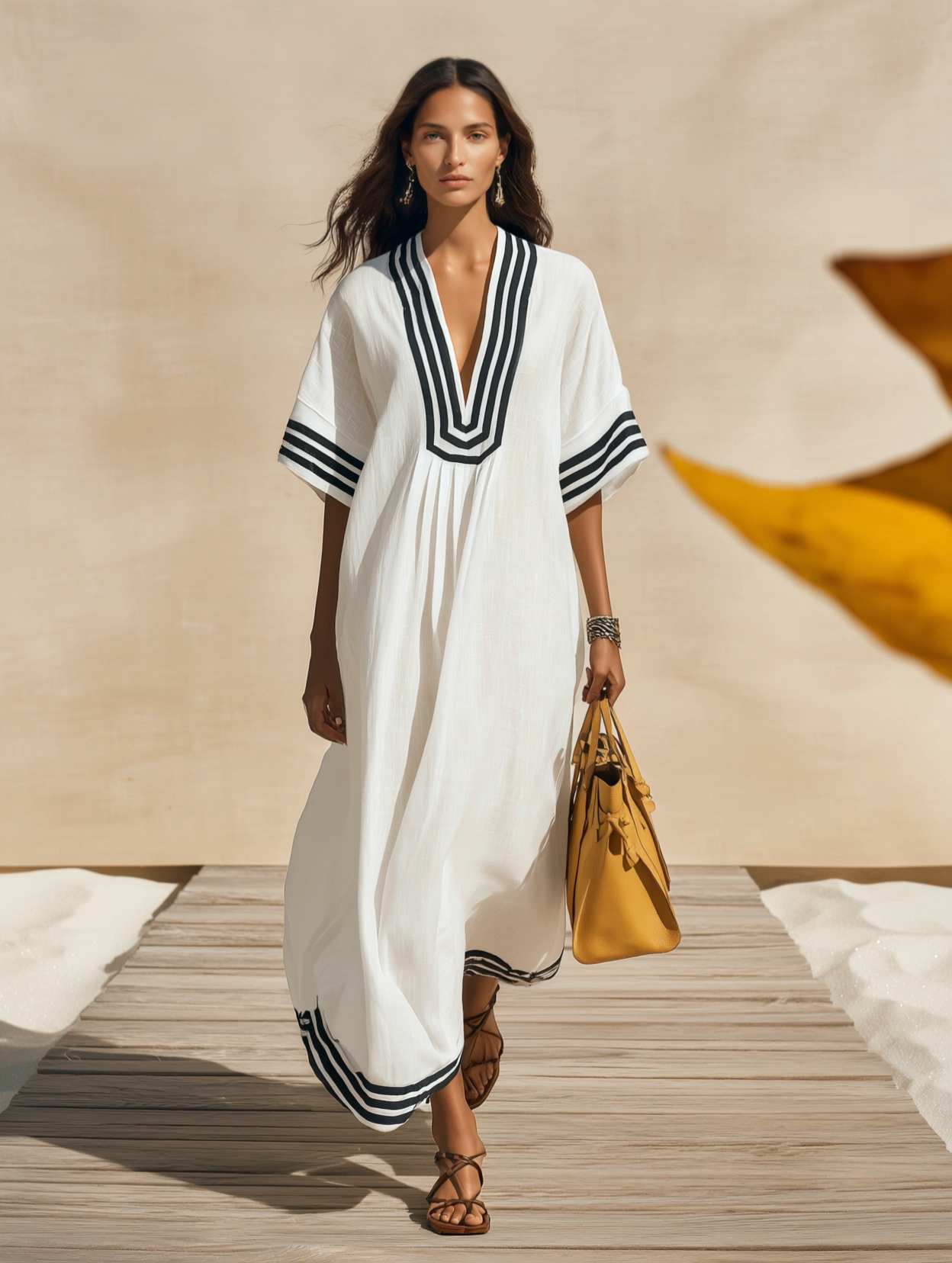 Resort-style V-neck Short-sleeved Striped Midi Dress