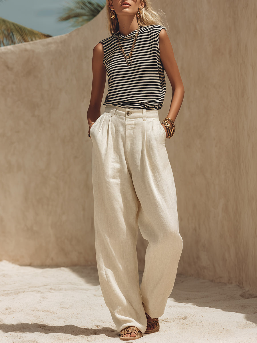 Minimalist Coastal Black And White Sleeveless Top And Off-White Wide-Leg Pants Set