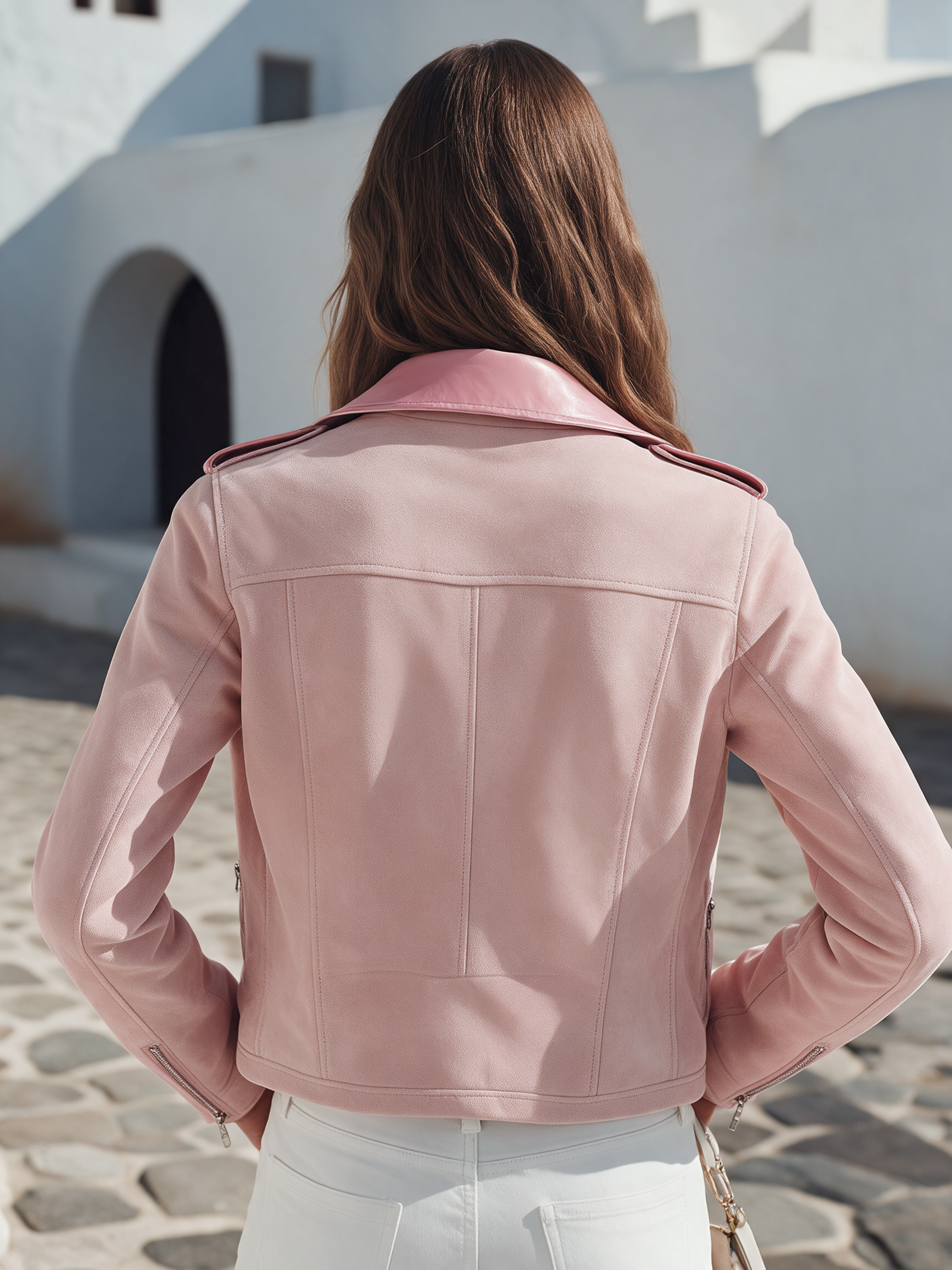 Soft Pastel Aesthetic Baby Pink Faux Suede Cropped Biker Jacket