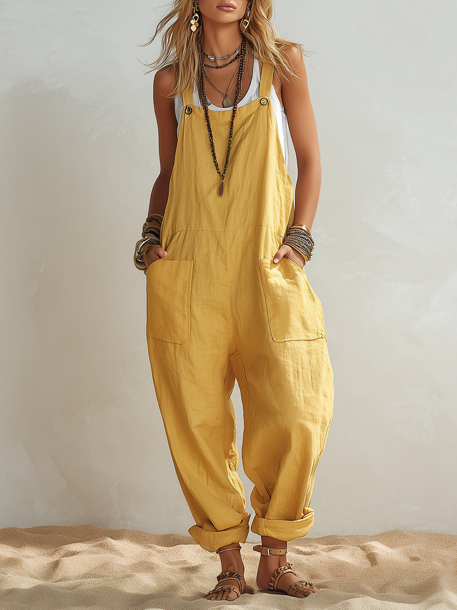 Bohemian Coast Mustard Yellow Cotton Linen Wide-Strap Loose Overalls