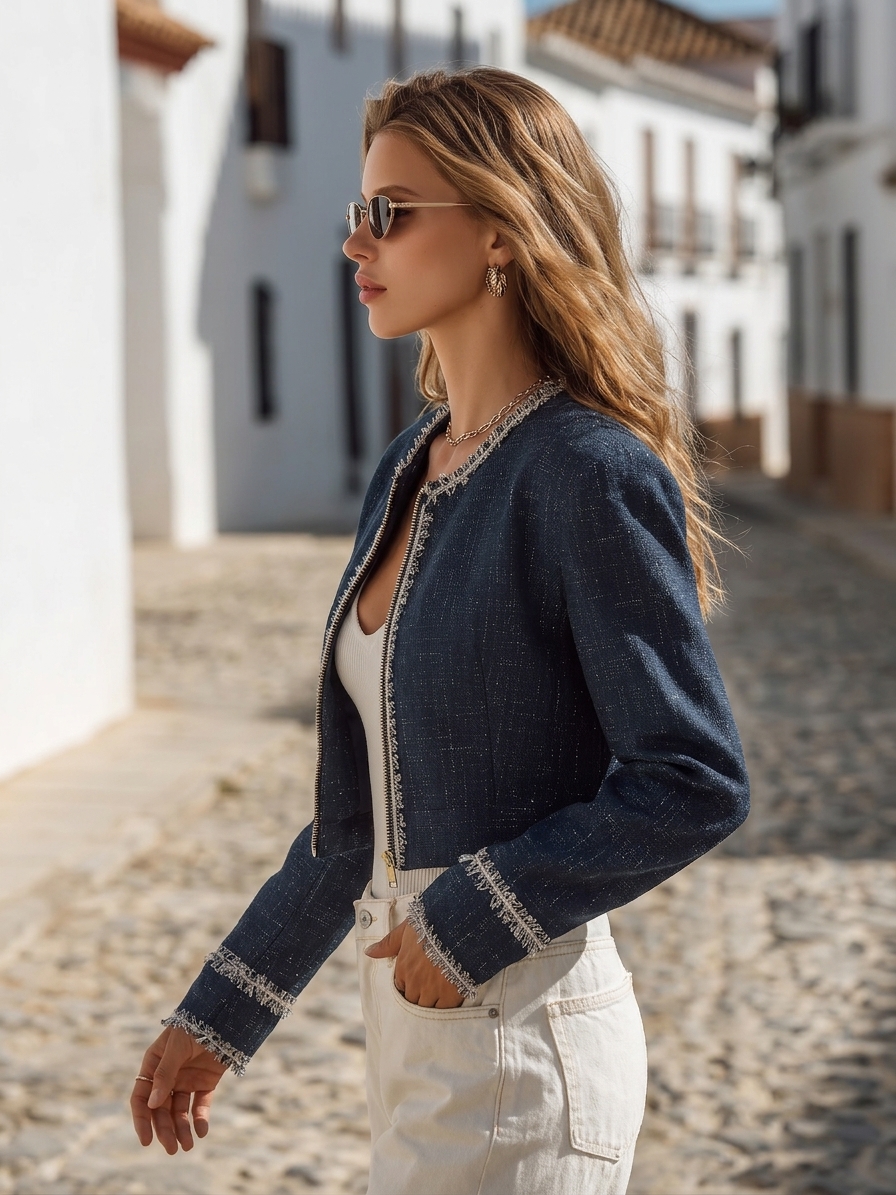 Santorini Vibe Navy Fringe Trim Tweed Zip Up Cropped Jacket