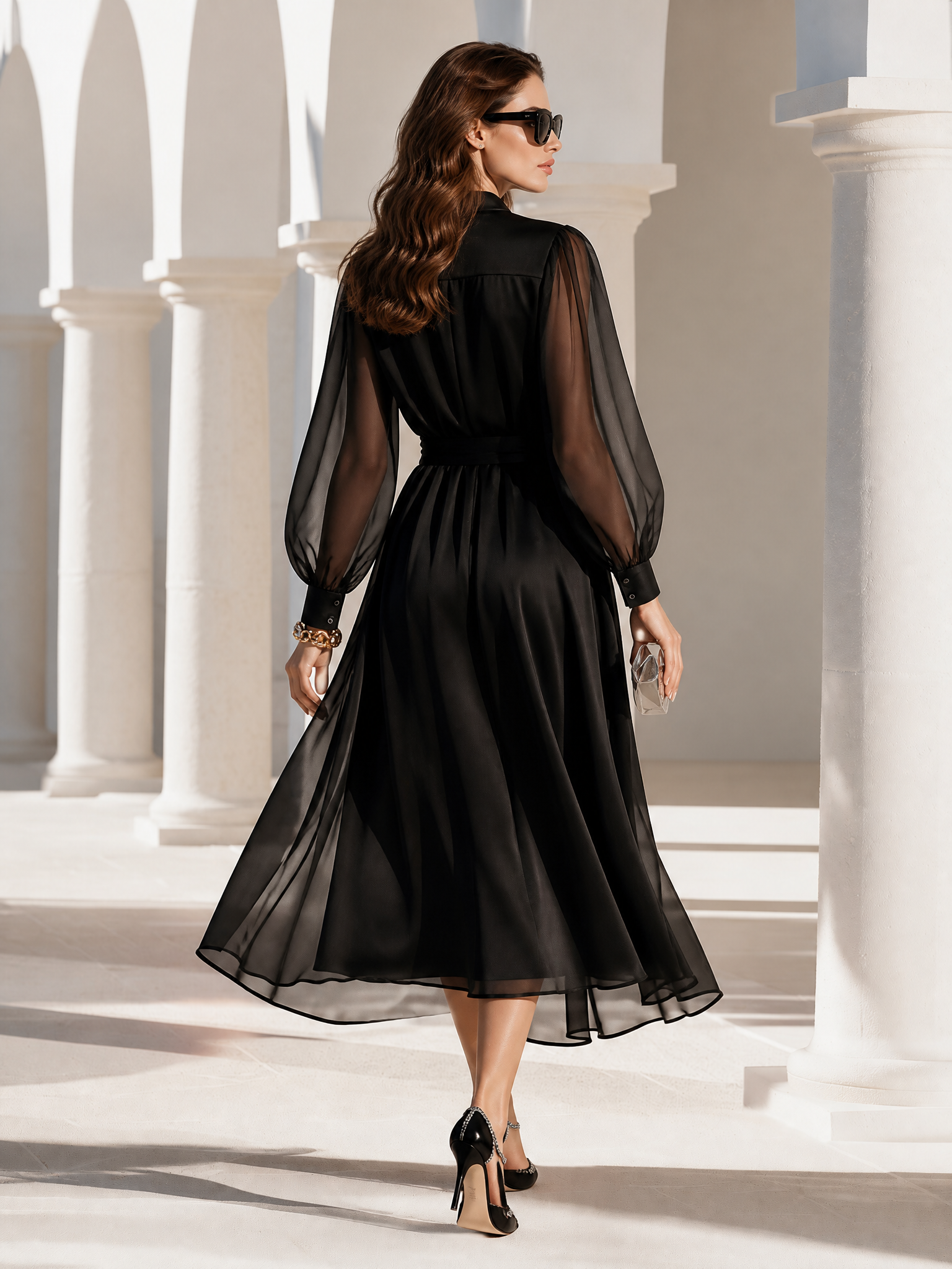 Elegant Dinner Sheer Puff Sleeves Black Midi Dress