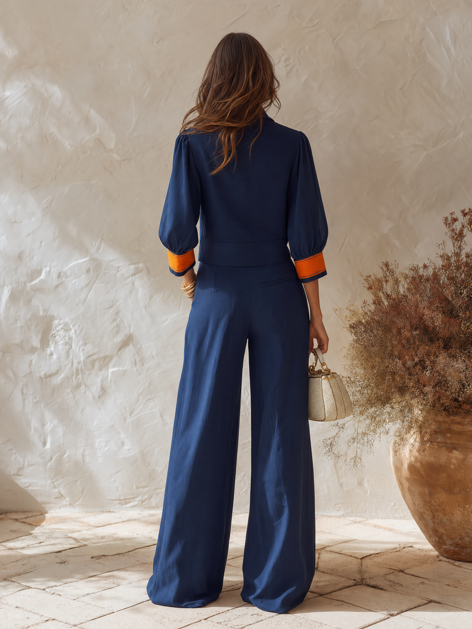 Resort-style V-neck Button-down Top And Trousers Set