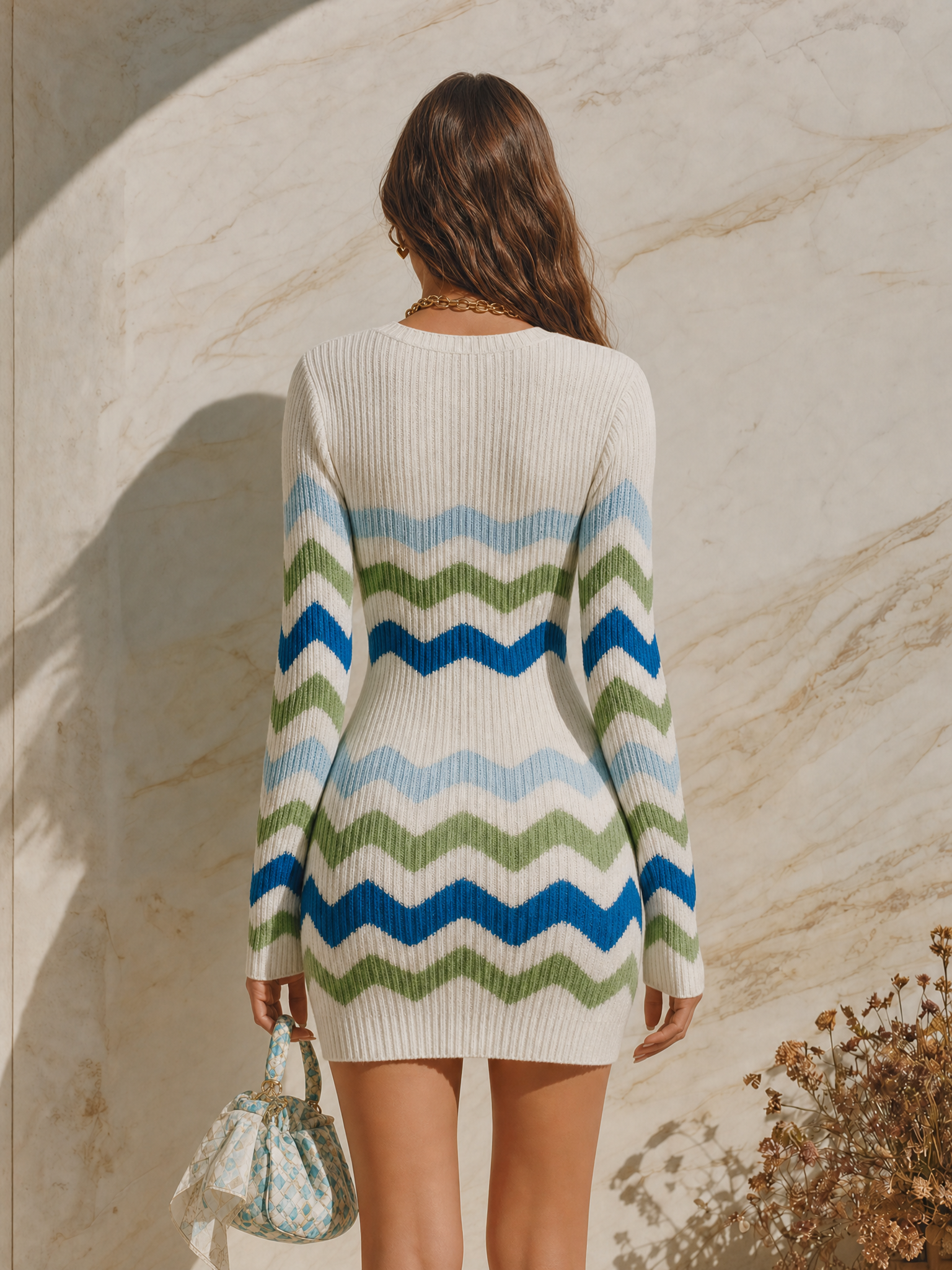 Vacation-style Square-neck Long-sleeve Wavy-stripe Mini Dress