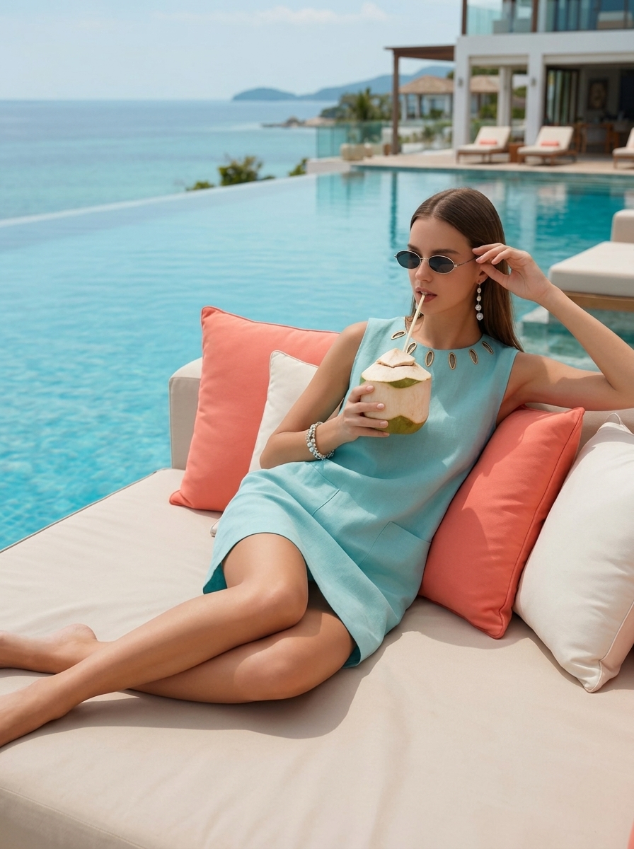 Minimalist Style Turquoise Cutout-Neck Sleeveless Shift Dress