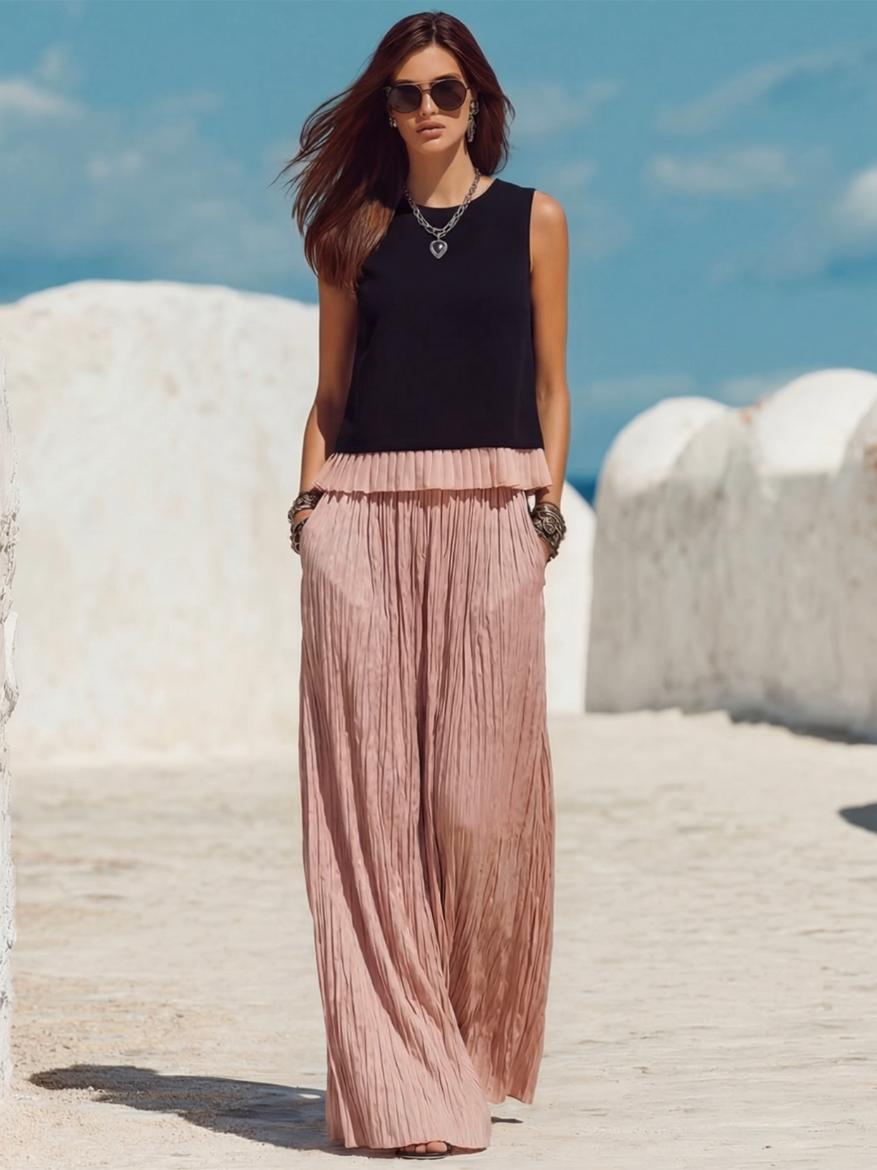 Casual Vacation Style Black Patchwork Pink Ruffled Sleeveless Top And Pink Ruffled Trousers Set