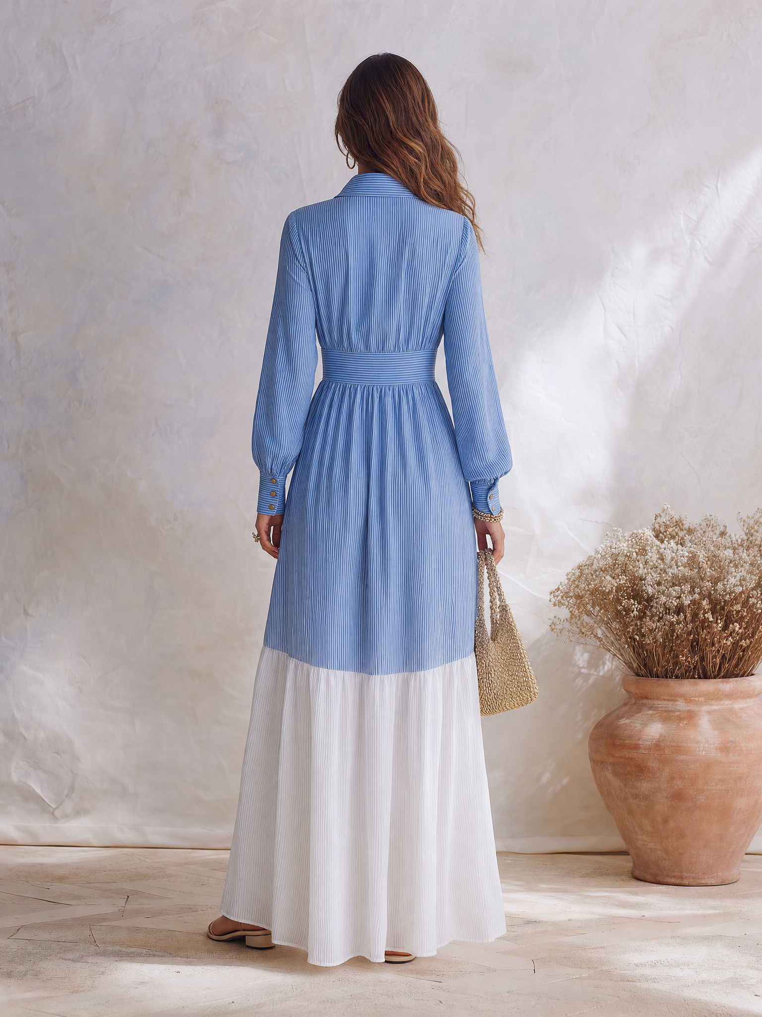 Resort-style Long-sleeved Lapel Collar Striped Chiffon Dress