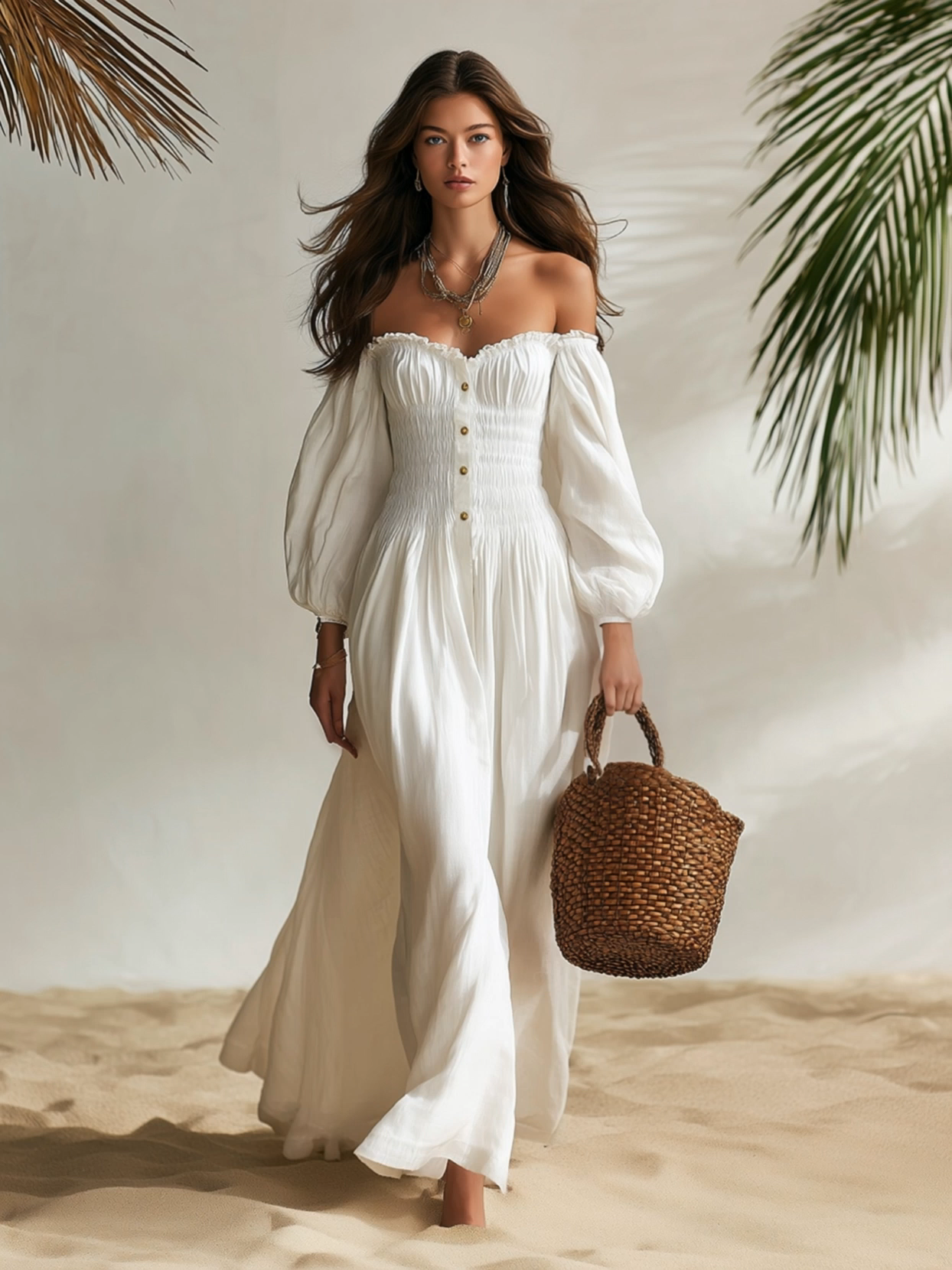 Resort-style Puff-sleeved Off-shoulder Maxi Dress
