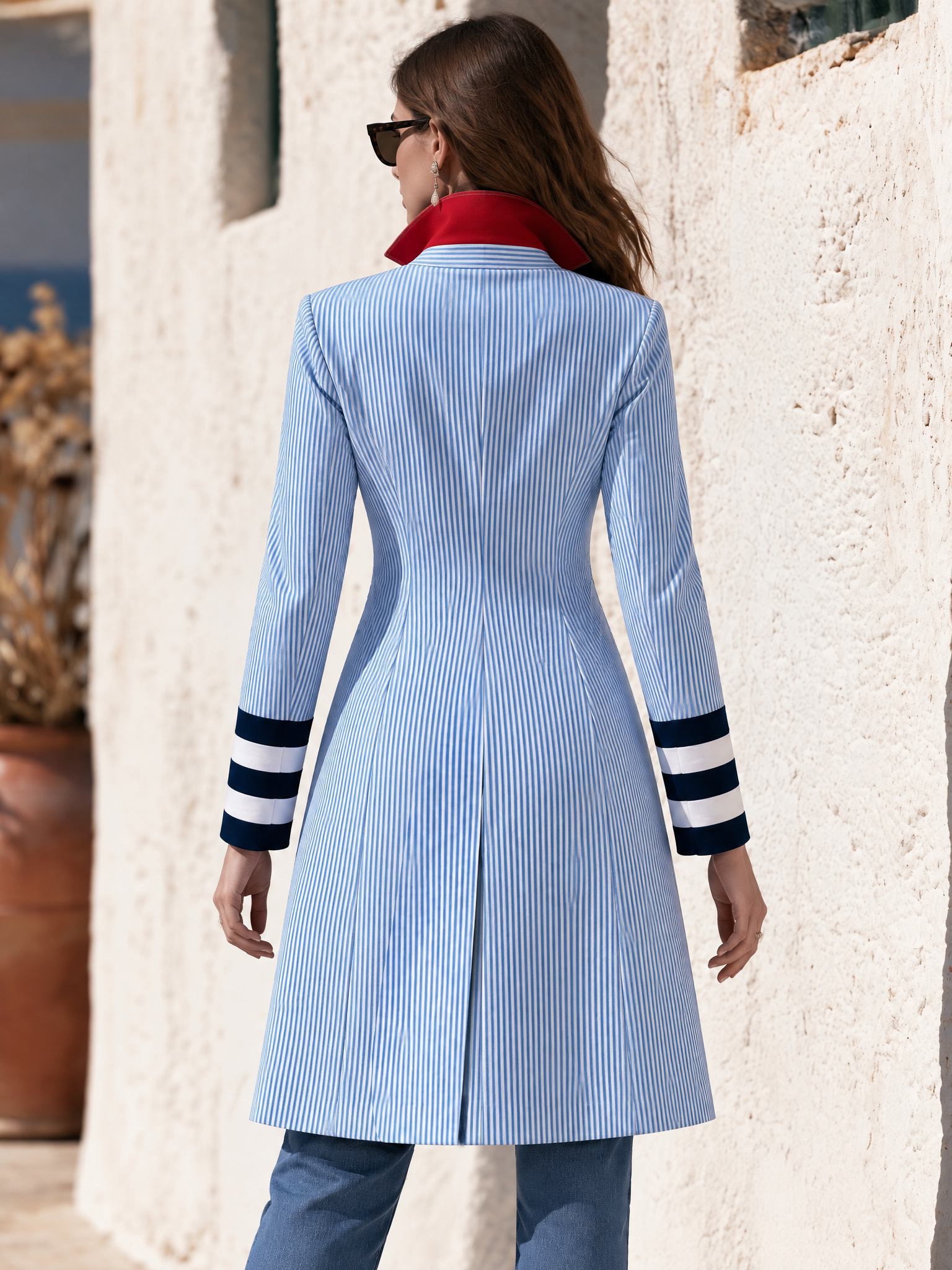 Retro Color-blocked Striped Mid-length Coat