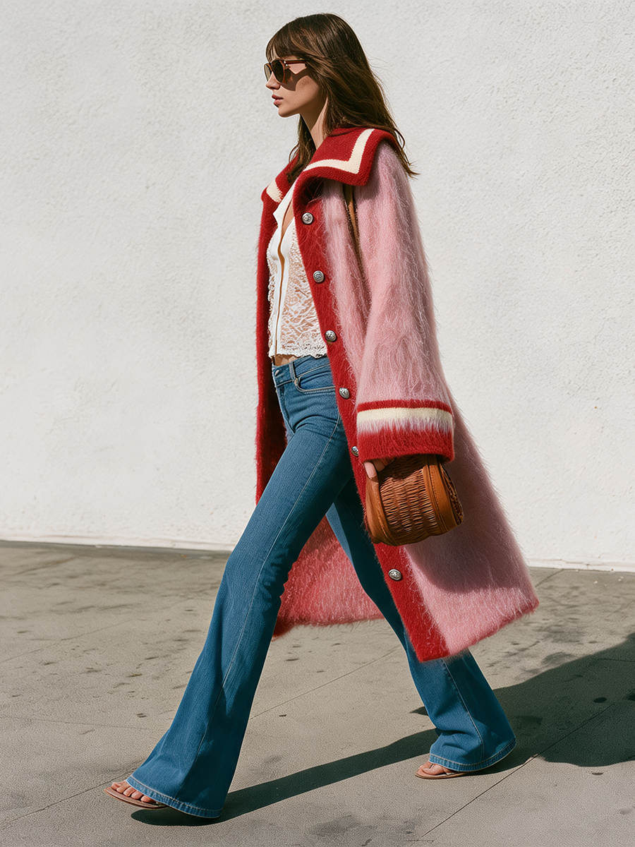 Retro-chic Collared Pink Mohair Knit Cardigan