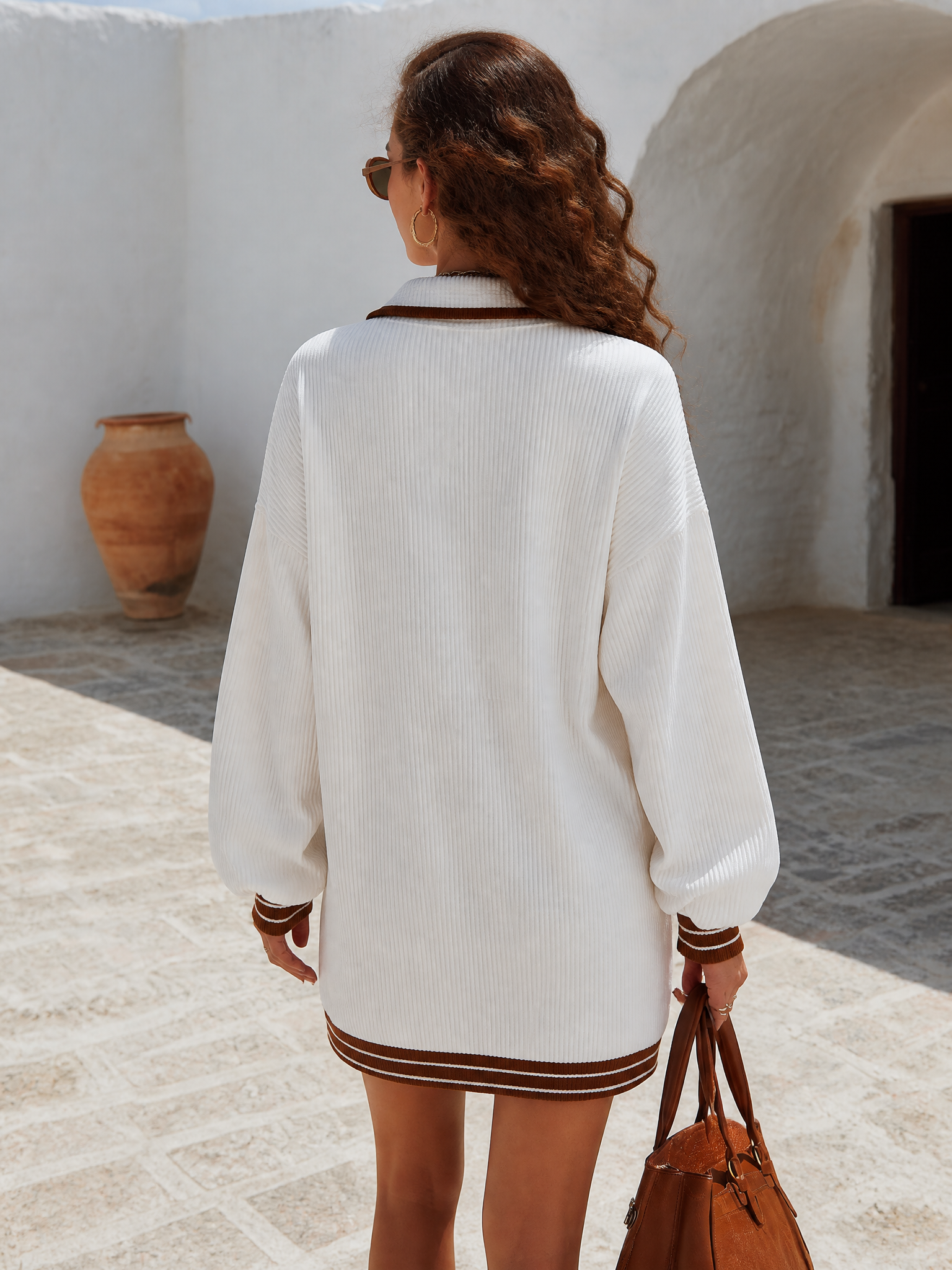 Santorini Chic Ivory Ribbed Zip-Collar Mini Dress