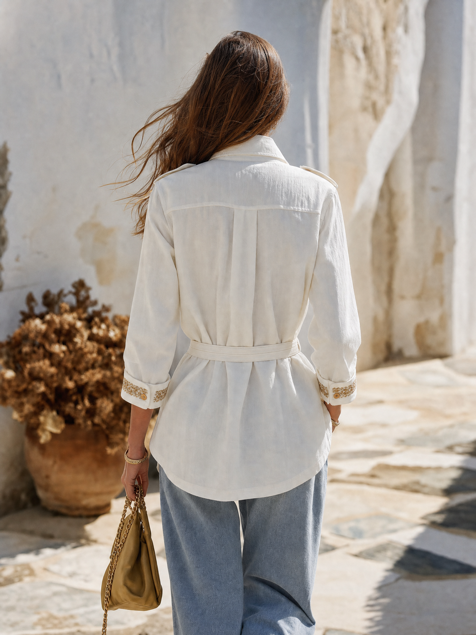 Resort-style Stand-up Collar Long-sleeved Embroidered Pocket Jacket